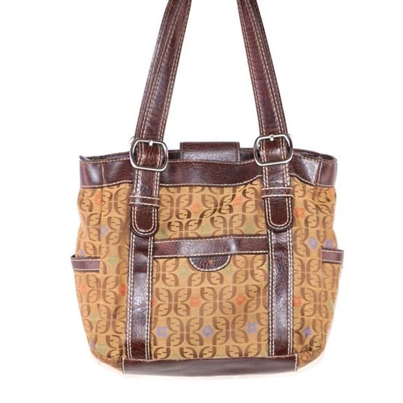 Fossil Brown Shoulder Bag with Unique Floral Logo Pattern - Picture 1 of 10